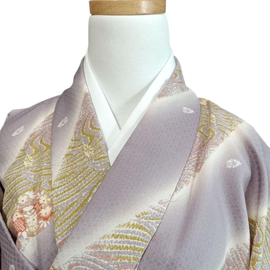 ち*ぃ様 610 華 単衣 着物 小紋 地紋 花 しぼり調 丸に花 紫 白