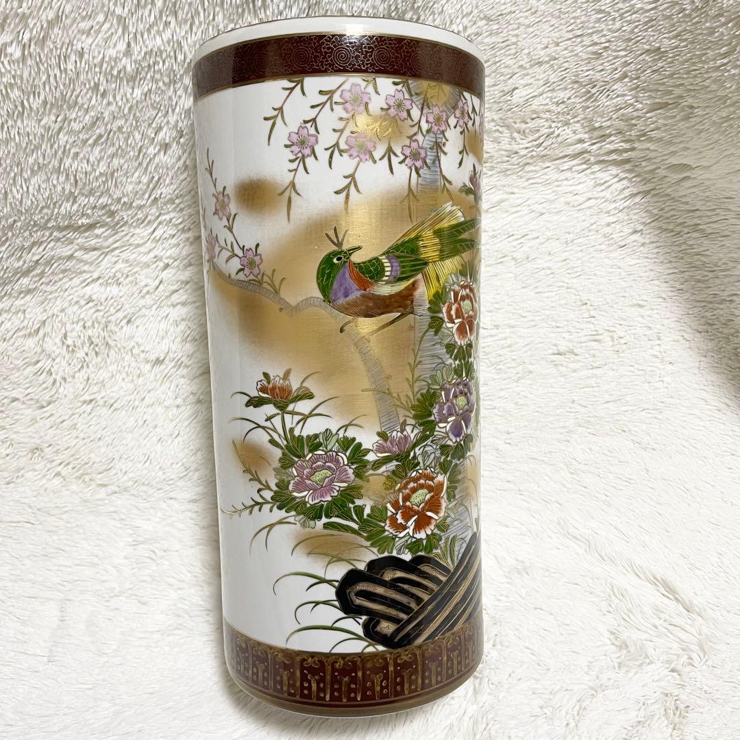新品未使用 九谷焼 高級傘立て 金緑 花と鳥 手描き手作 開運 風水 開運 金運