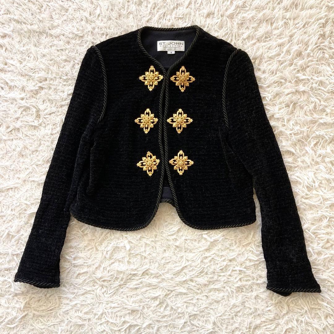 ST.JOHN セントジョン ノーカラー ニットジャケット 4 XS 金ボタン