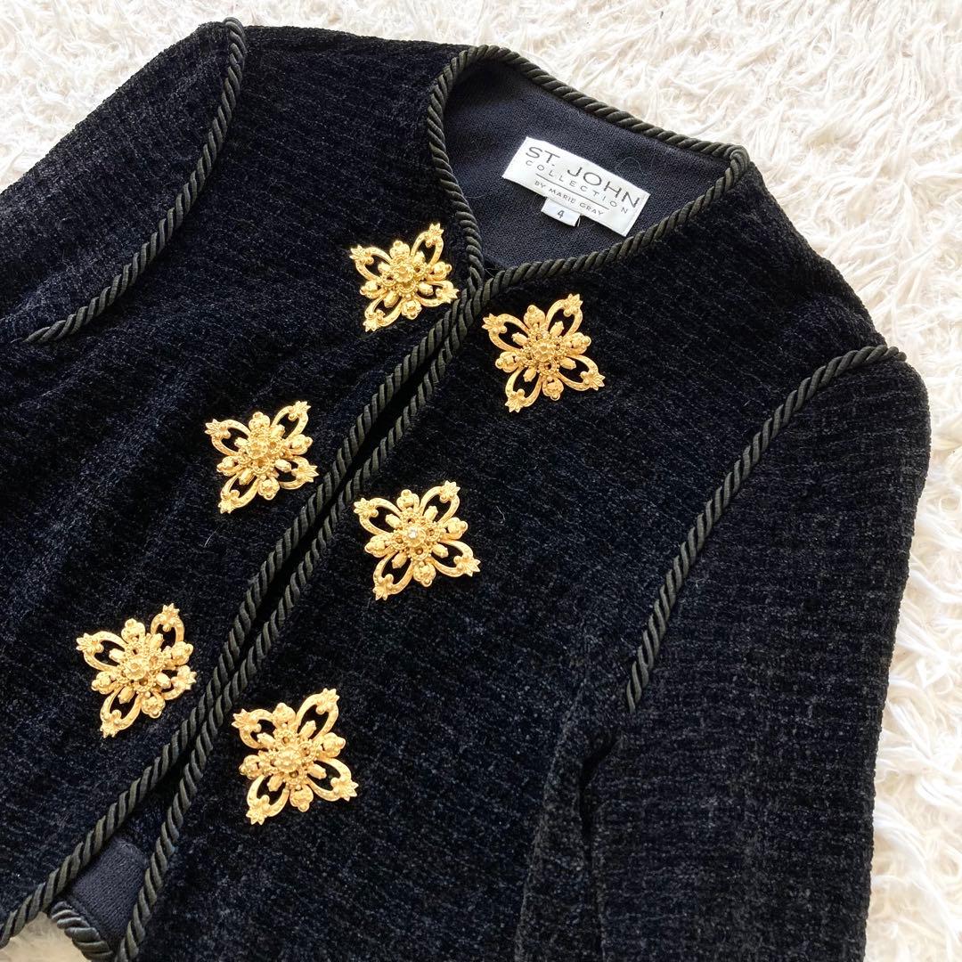 ST.JOHN セントジョン ノーカラー ニットジャケット 4 XS 金ボタン