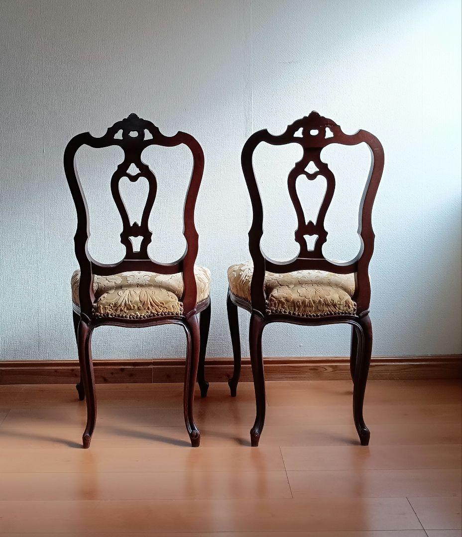 椅子２脚セット　ヴィクトリア様式ロココ・リバイバル　麻布張りスプリング椅子