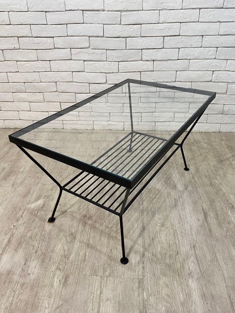 ① 【東京都内23区配送無料】unico エディ ガラス　アイアン ローテーブル