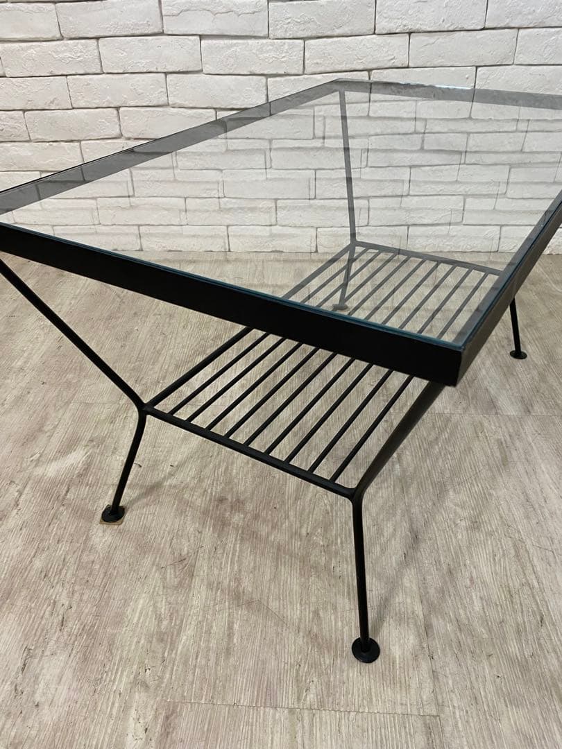 ① 【東京都内23区配送無料】unico エディ ガラス　アイアン ローテーブル