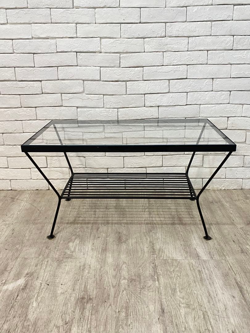 ① 【東京都内23区配送無料】unico エディ ガラス　アイアン ローテーブル