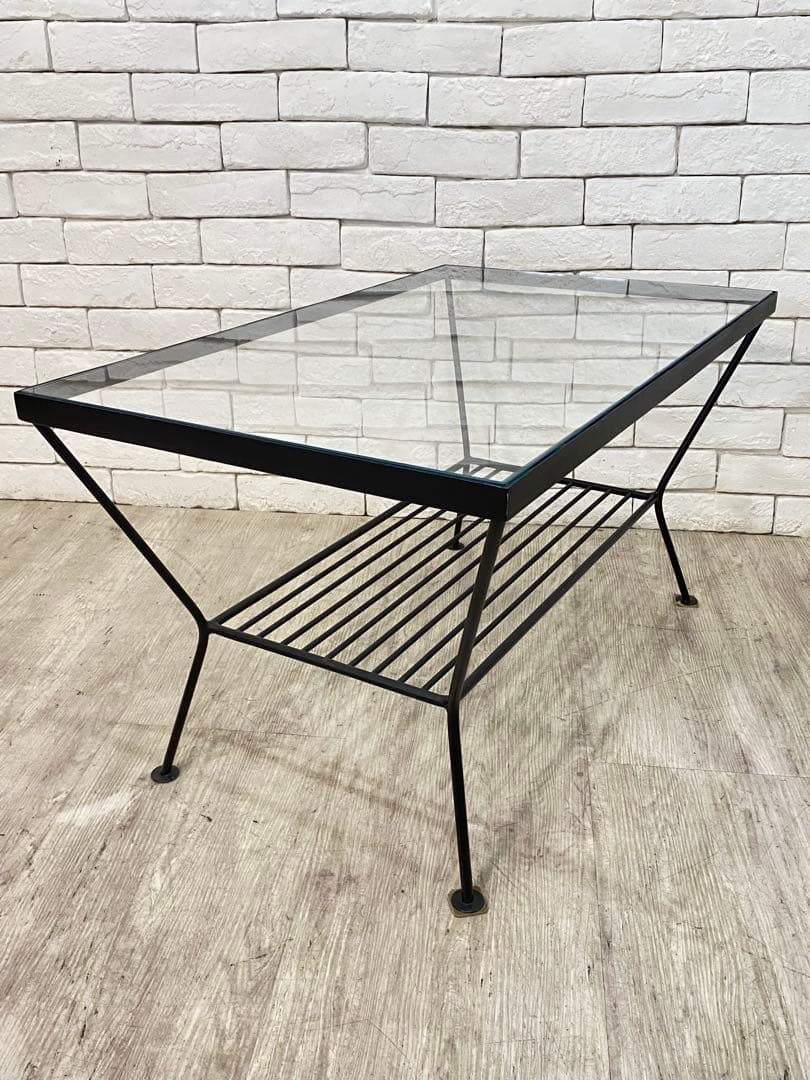 ① 【東京都内23区配送無料】unico エディ ガラス　アイアン ローテーブル