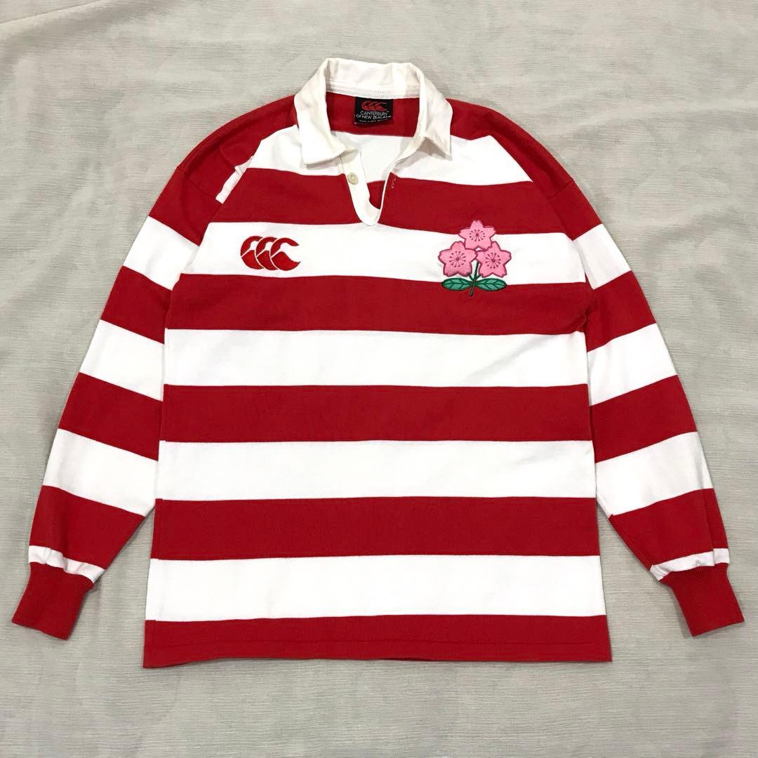 ラグビー 赤白ボーダーシャツ ラグビージャージ 長袖 刺繍ロゴ 桜 日本代表
