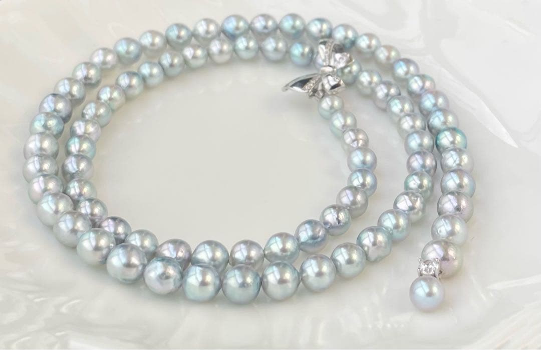 あこや真珠 ブルー系 アコヤパールロングネックレス リボンモチーフ ブルーローズ