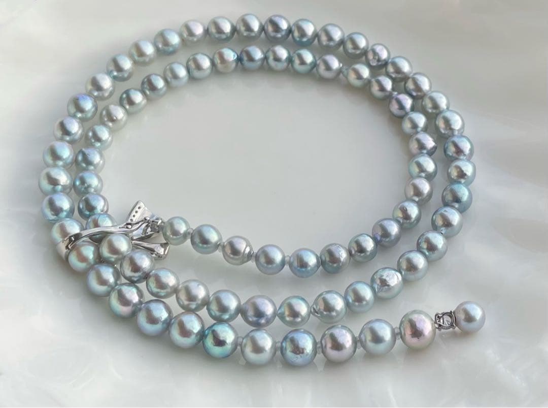 あこや真珠 ブルー系 アコヤパールロングネックレス リボンモチーフ ブルーローズ
