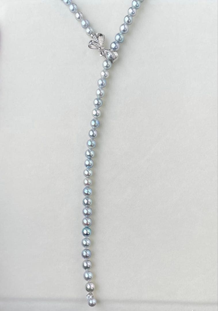 あこや真珠 ブルー系 アコヤパールロングネックレス リボンモチーフ ブルーローズ