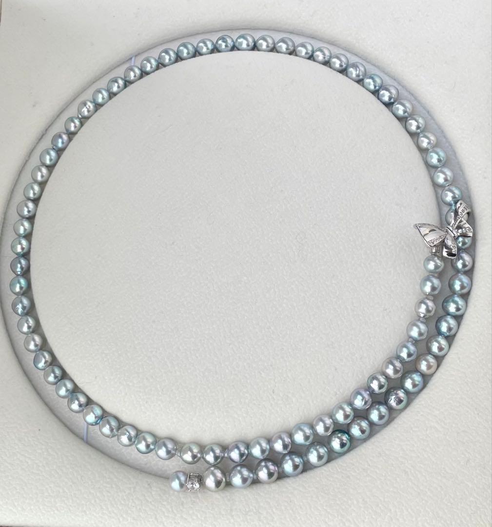 あこや真珠 ブルー系 アコヤパールロングネックレス リボンモチーフ ブルーローズ