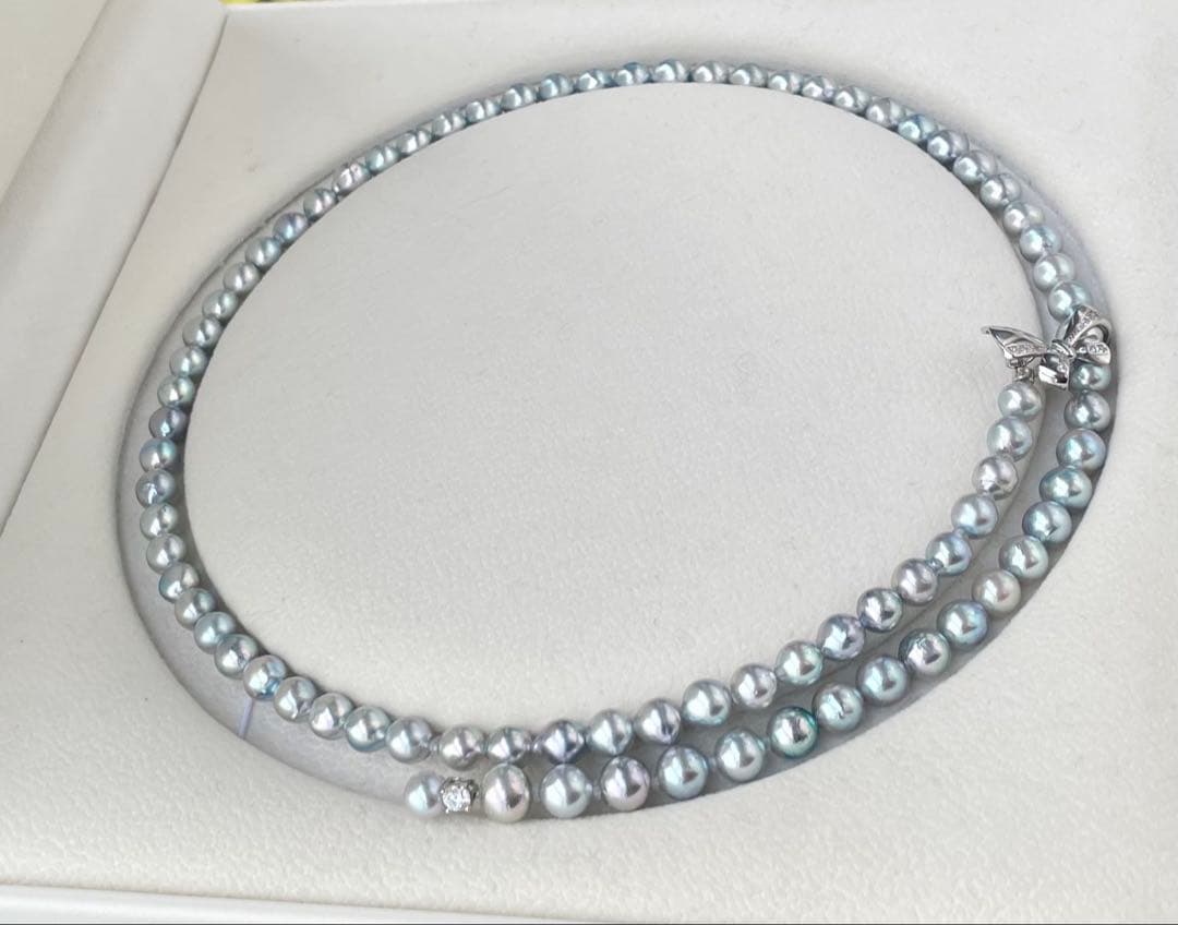 あこや真珠 ブルー系 アコヤパールロングネックレス リボンモチーフ ブルーローズ