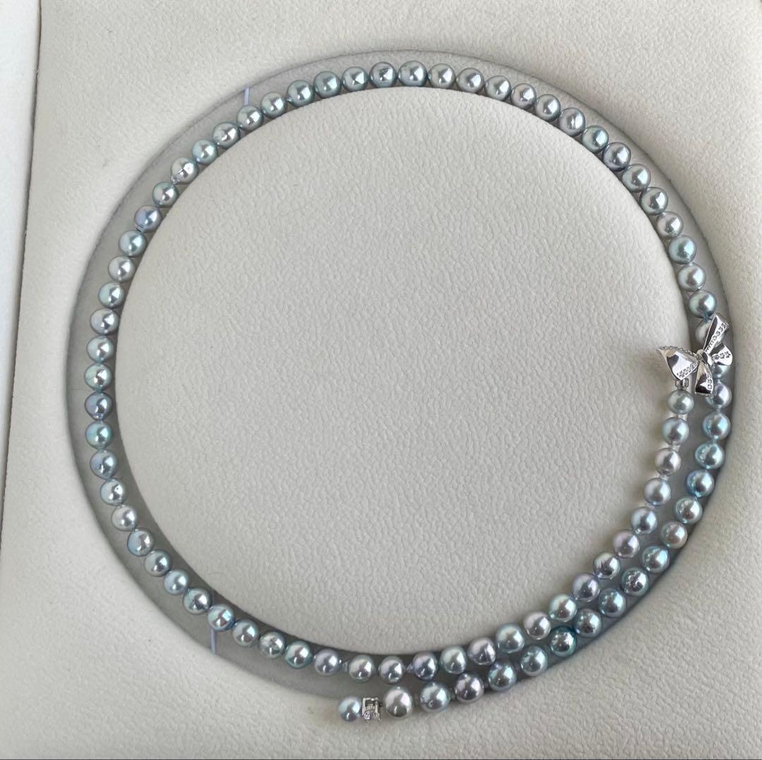 あこや真珠 ブルー系 アコヤパールロングネックレス リボンモチーフ ブルーローズ