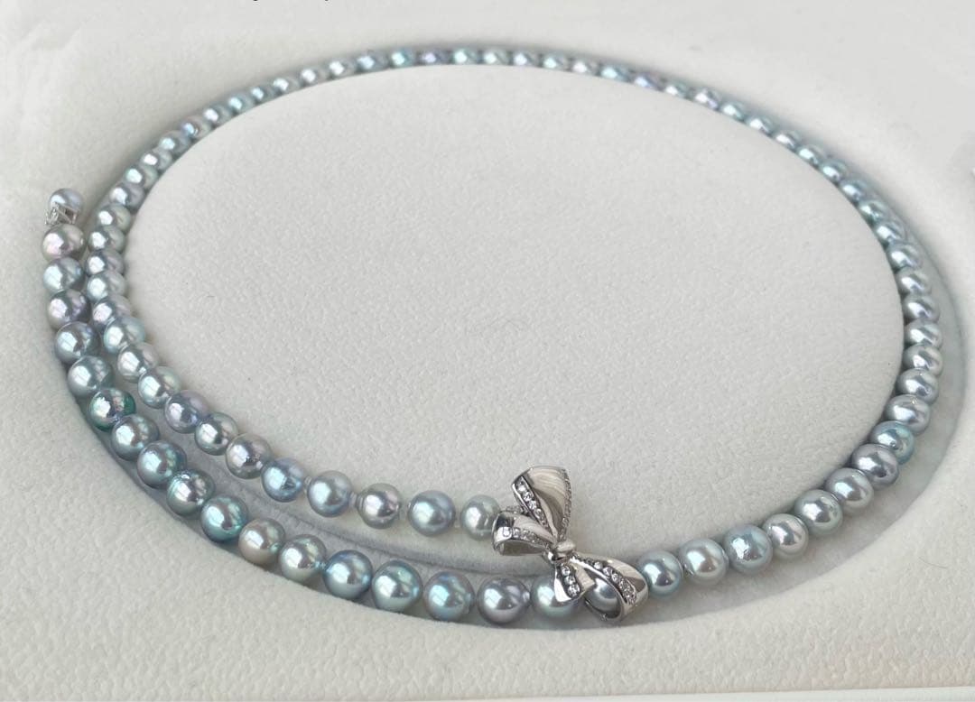 あこや真珠 ブルー系 アコヤパールロングネックレス リボンモチーフ ブルーローズ