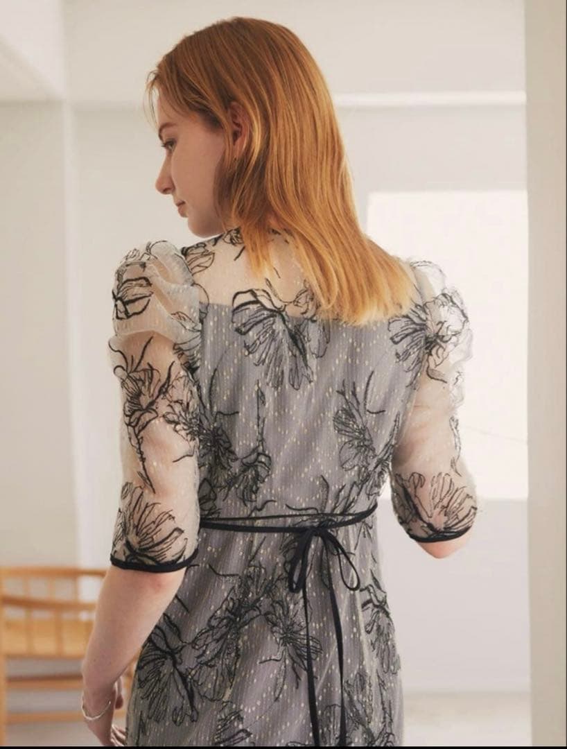 Leja 花柄リボンパフスリーブマーメイドワンピースドレス Mサイズ