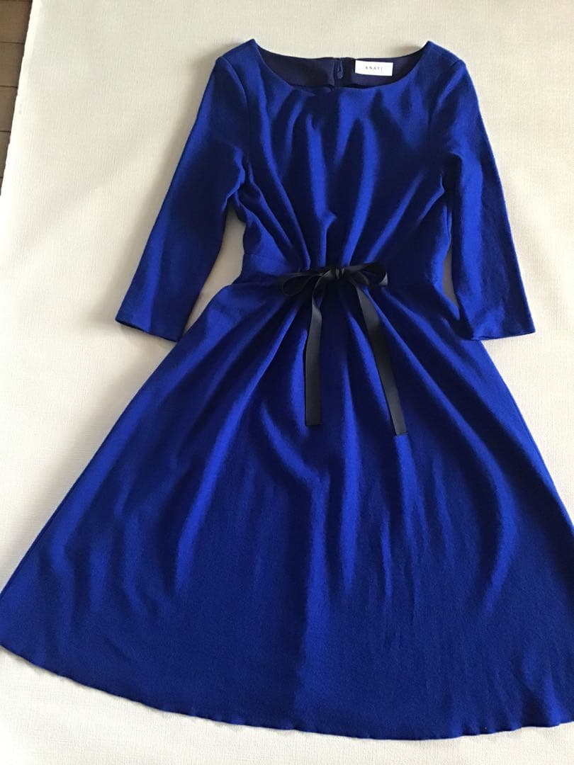 【ANAYI】ロイヤルブルーロングワンピース八分袖(38)