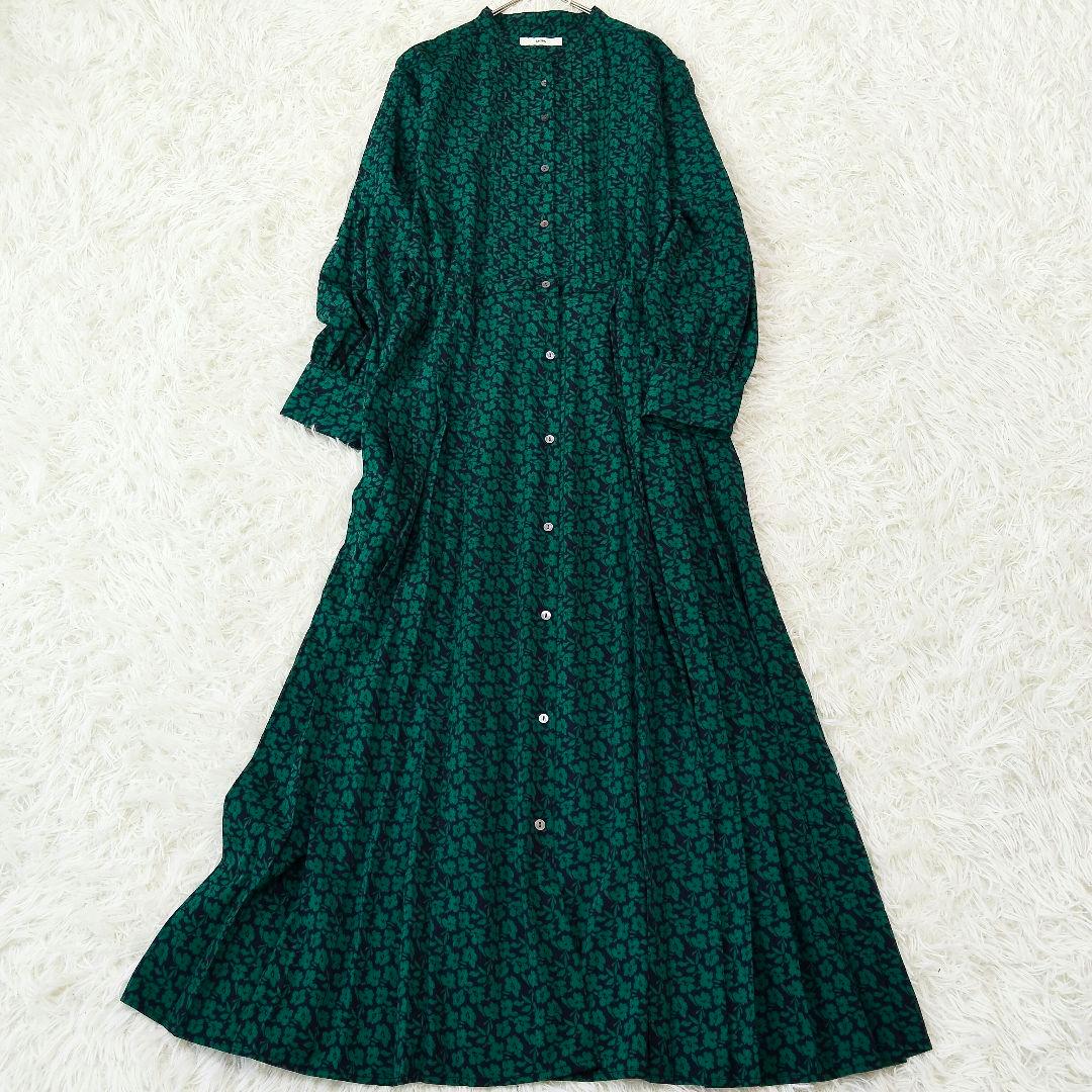 932 シップス ドット / 花柄 バンドカラー サイド プリーツ ワンピース