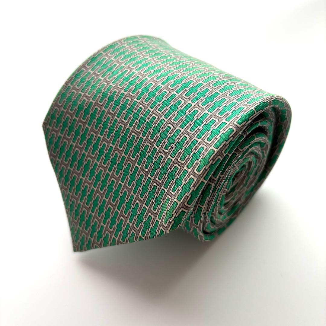 ꧁極美品꧂ エルメス ネクタイ ファソネ H柄 プリント グリーン ブラウン
