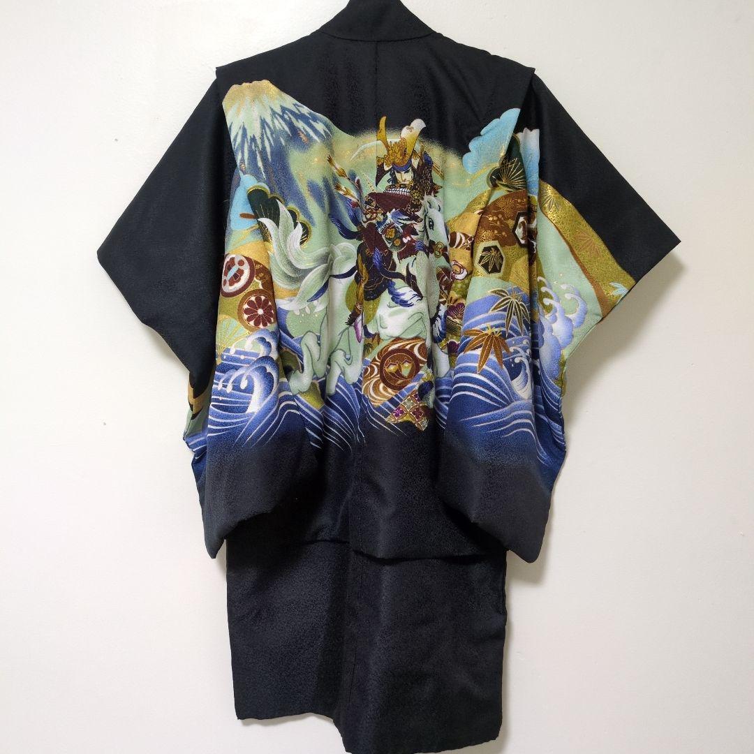 七五三 着物セット 5歳 男の子用 黒地 波と武士のデザイン