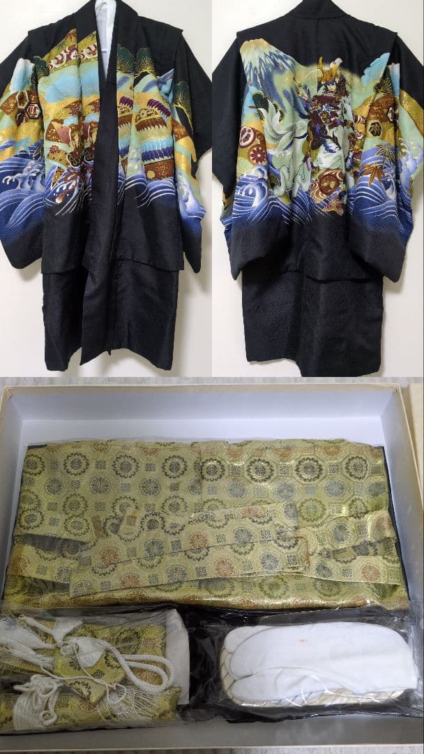 七五三 着物セット 5歳 男の子用 黒地 波と武士のデザイン