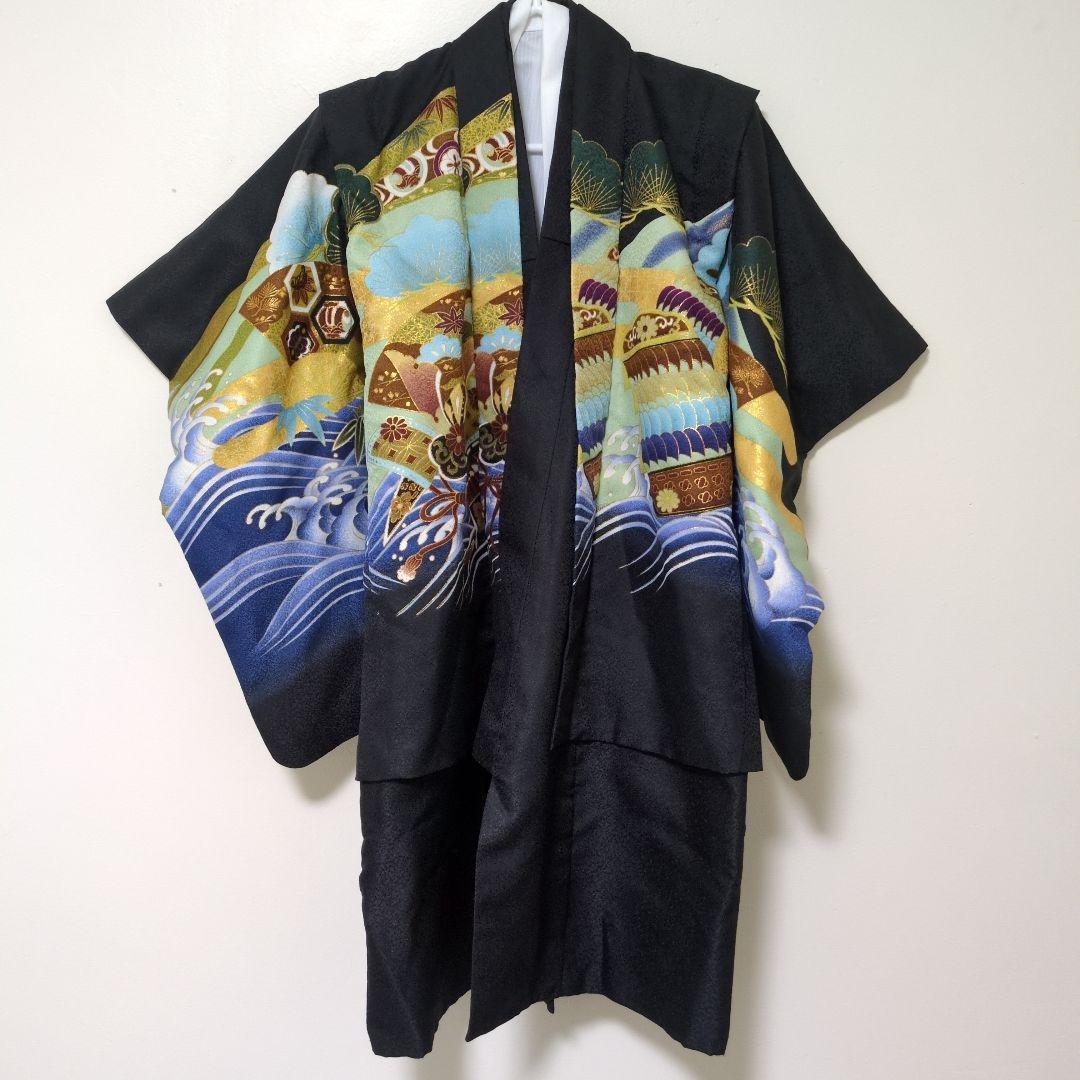 七五三 着物セット 5歳 男の子用 黒地 波と武士のデザイン