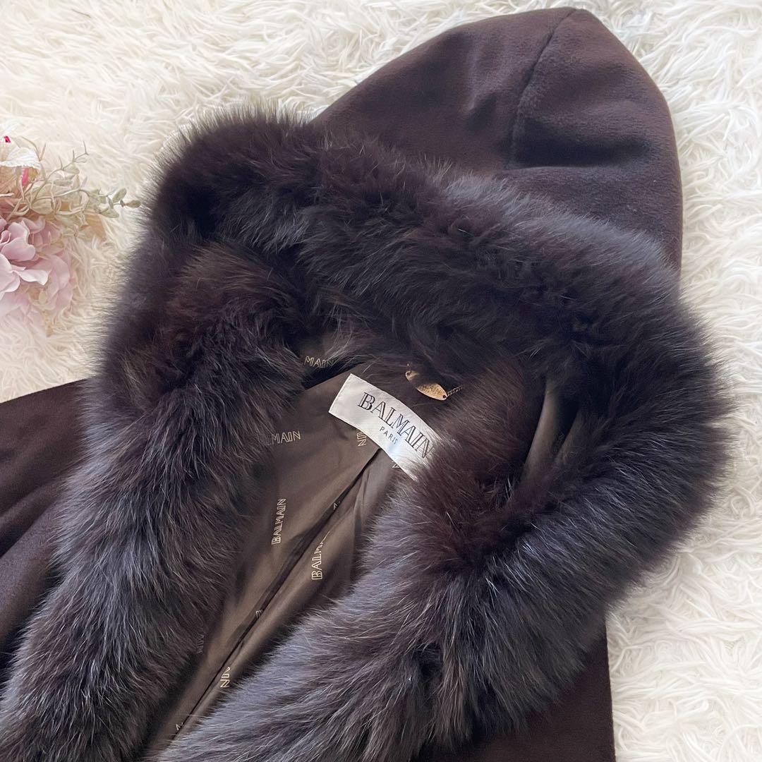 BALMAIN 最高級 カシミヤ100％ ブルーフォックス ポンチョ ブラウン