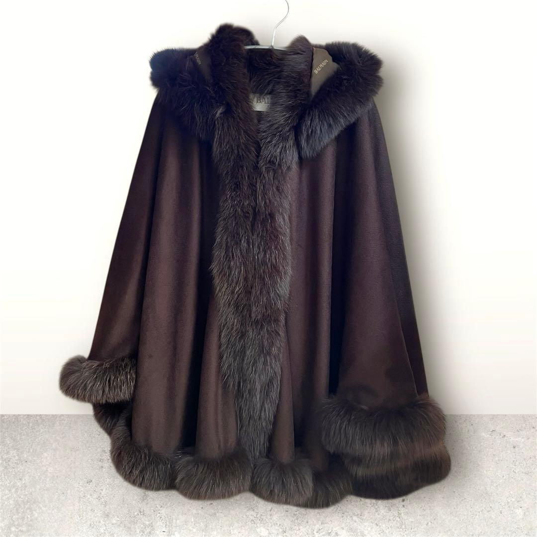 BALMAIN 最高級 カシミヤ100％ ブルーフォックス ポンチョ ブラウン