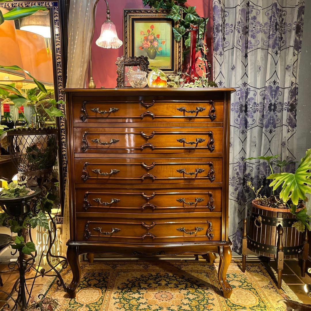 雪　Sale 美品　アンティーク 猫脚　５DRキャビネット