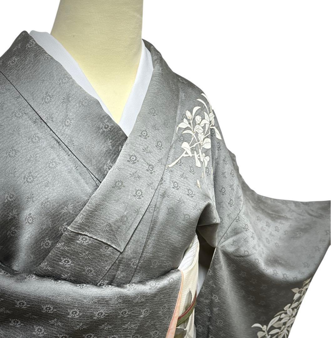 A151愛華 訪問着　錆鼠色　花地紋　染め花　正絹　フォーマル　身丈164cm