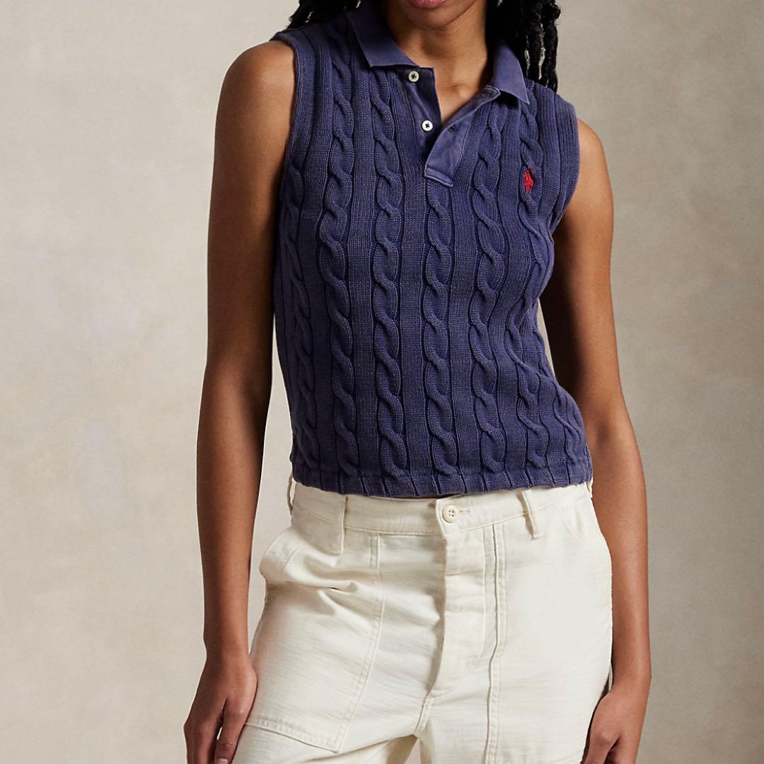 【美品】POLO ラルフローレン　ケーブルニットクロップドポロシャツ