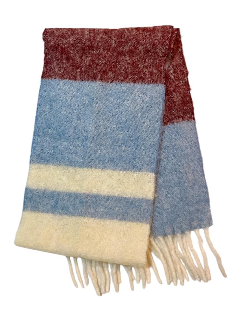 MARNI モヘヤ×アルパカ フリンジ マフラー ライトブルー系×ボルドー系