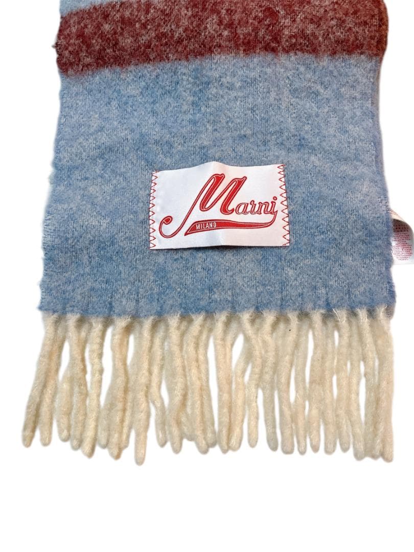 MARNI モヘヤ×アルパカ フリンジ マフラー ライトブルー系×ボルドー系