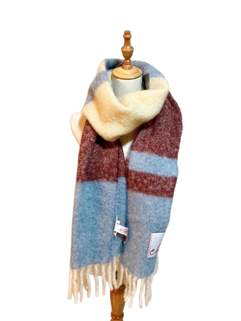 MARNI モヘヤ×アルパカ フリンジ マフラー ライトブルー系×ボルドー系