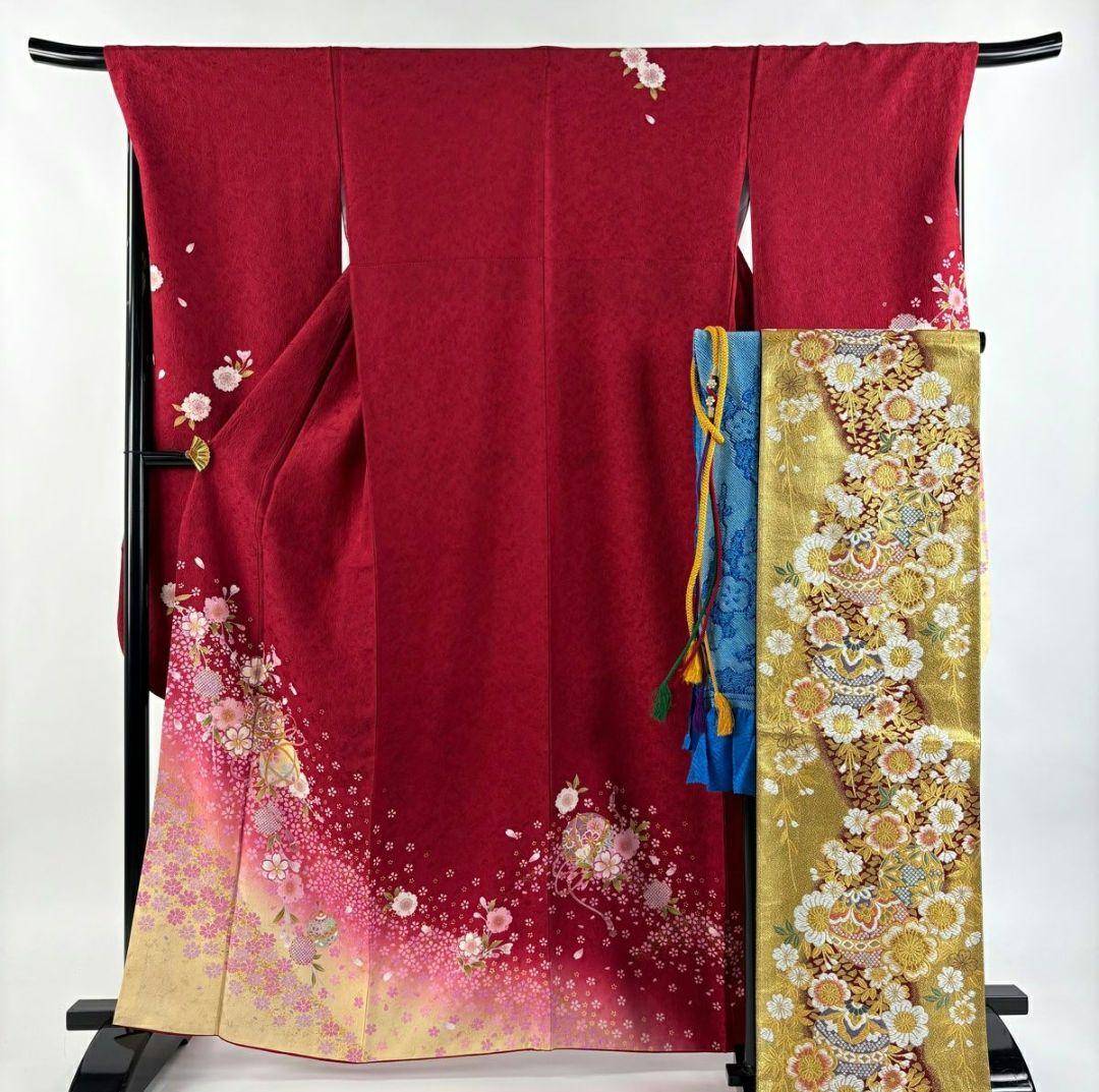 【振袖フルセット】身丈163.5cm 裄丈69cm 桜 手鞠 金彩 ぼかし 赤
