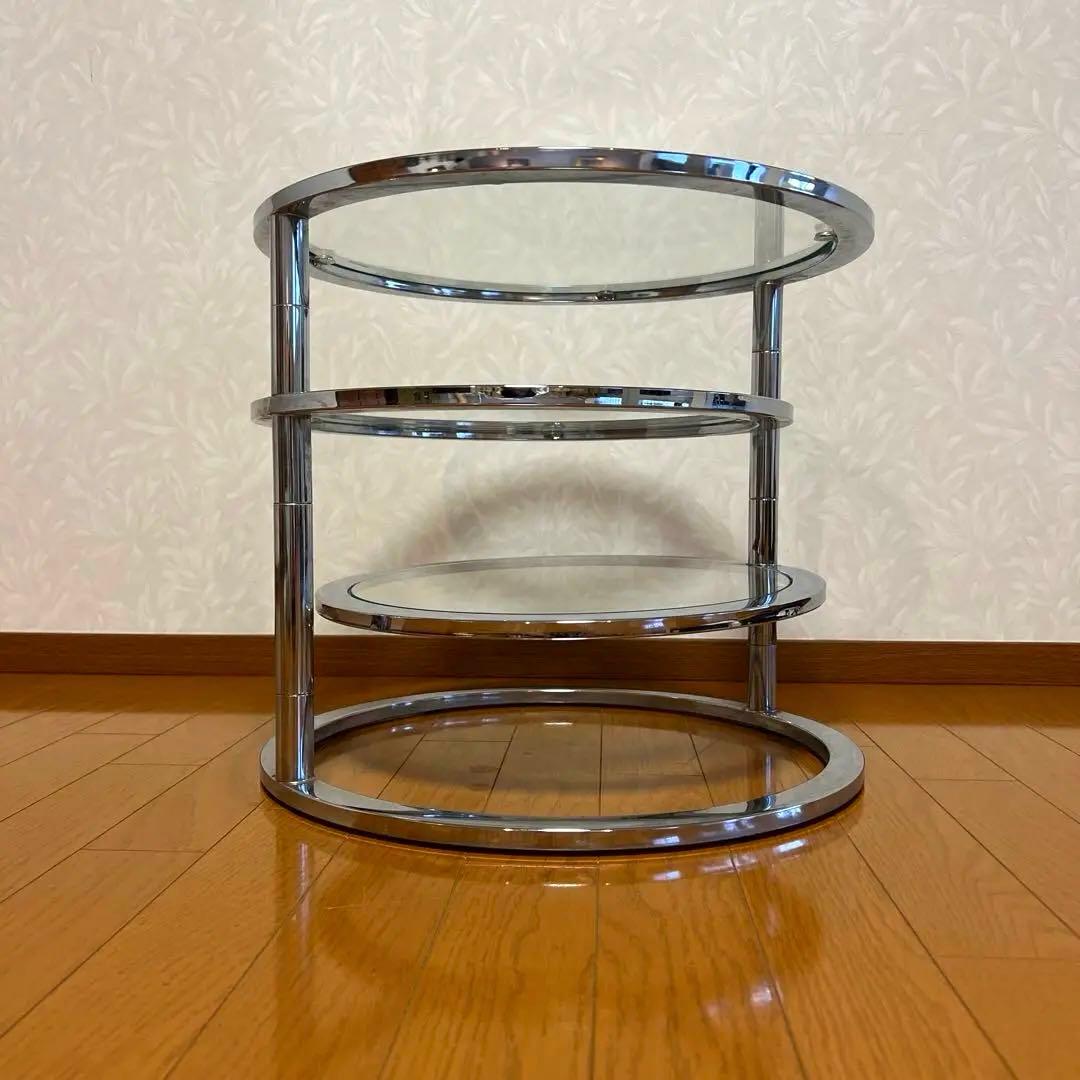 ミッドセンチュリー 丸型 ラウンドテーブル ヴィンテージ 強化ガラス 4段