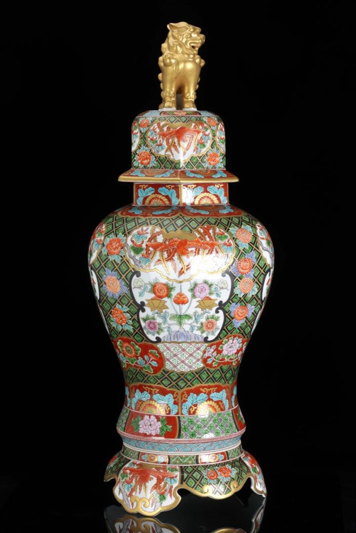 そ*ん様 有田焼 耕右衛門 染錦窓絵鳳凰花尽之図 獅子摘蓋特大三段壺 沈香壺 飾