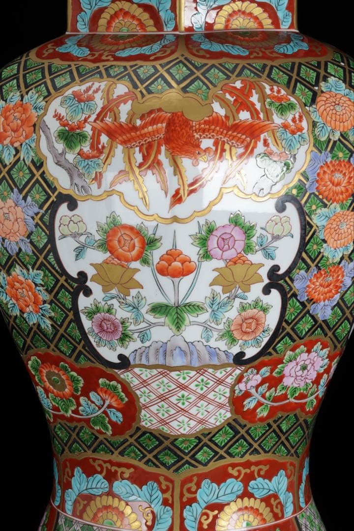 そ*ん様 有田焼 耕右衛門 染錦窓絵鳳凰花尽之図 獅子摘蓋特大三段壺 沈香壺 飾