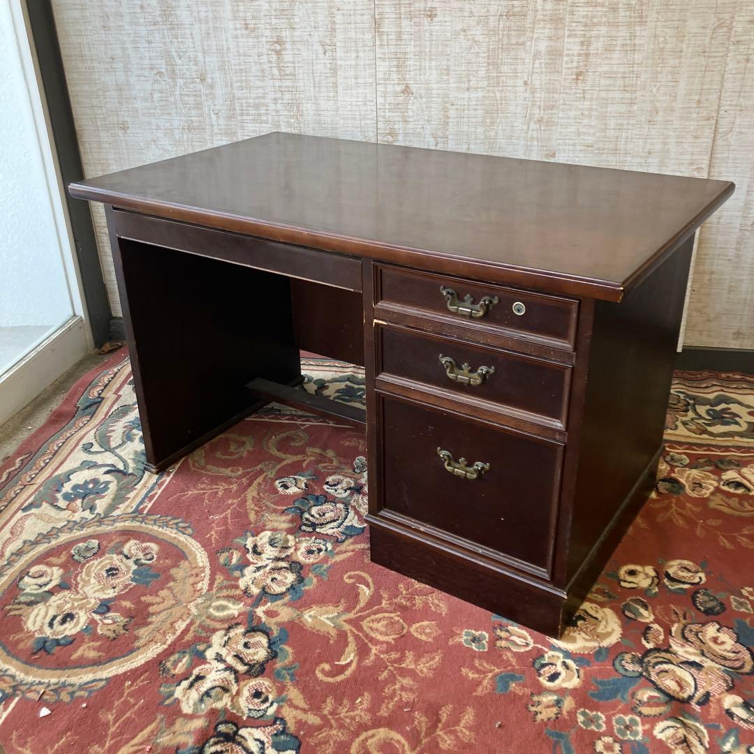 昭和レトロ カリモク イギリス様式 木製 書斎机 片袖 書斎机 古家具デスク