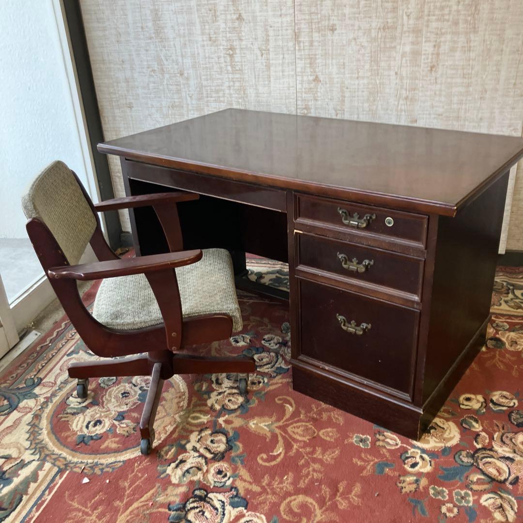 昭和レトロ カリモク イギリス様式 木製 書斎机 片袖 書斎机 古家具デスク