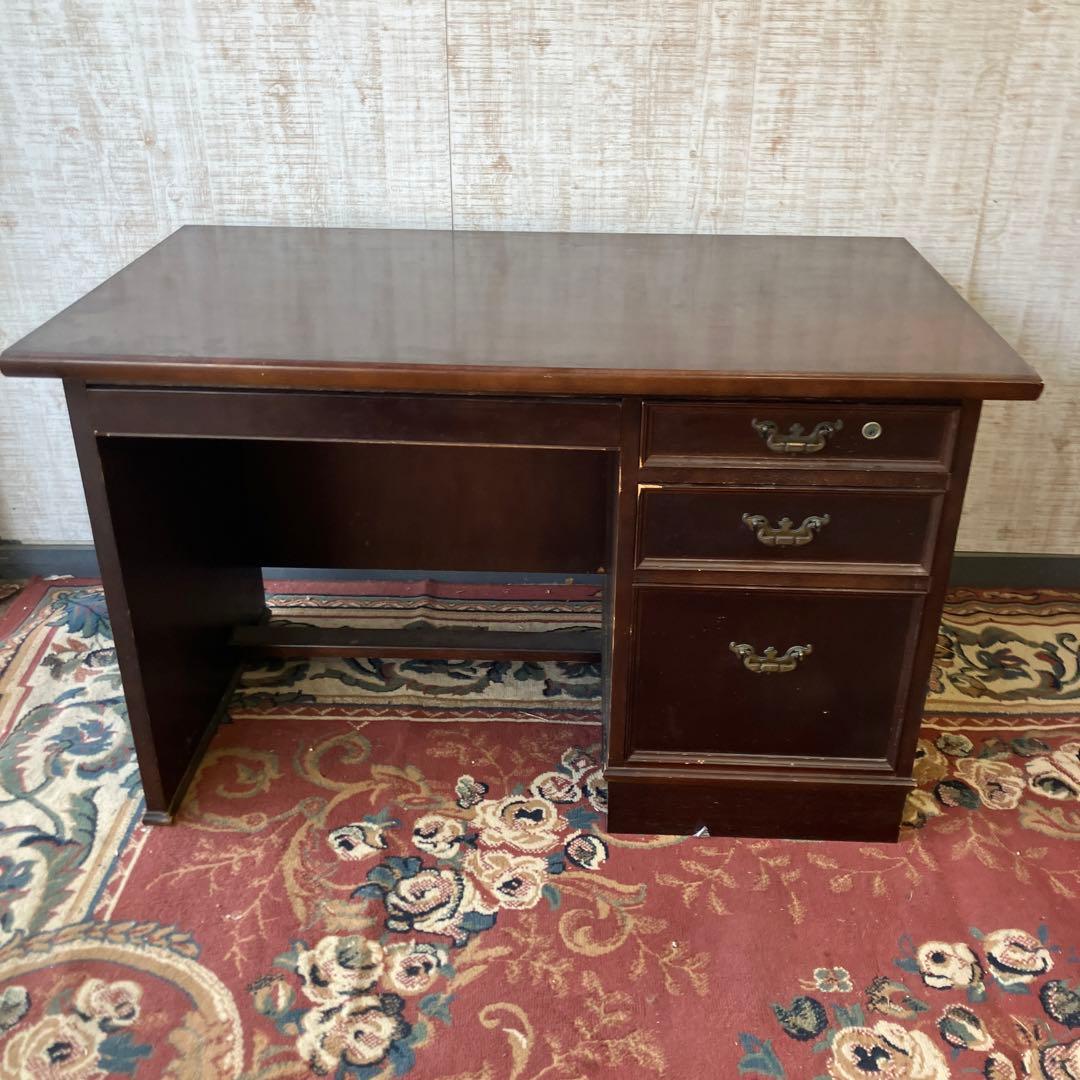 昭和レトロ カリモク イギリス様式 木製 書斎机 片袖 書斎机 古家具デスク