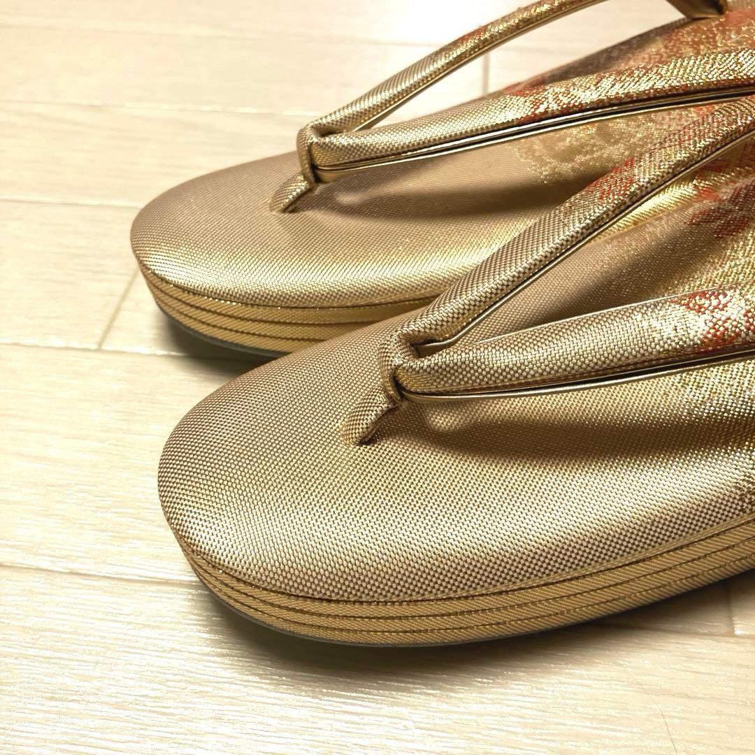 《未使用》佐賀錦　草履バッグセット　東京芝山ブランド　正絹　ゴールド　厚底
