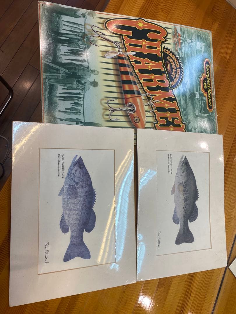 CHARMERルアーブリキ看板とバスのイラストセット　ブラックバス　ヘドン