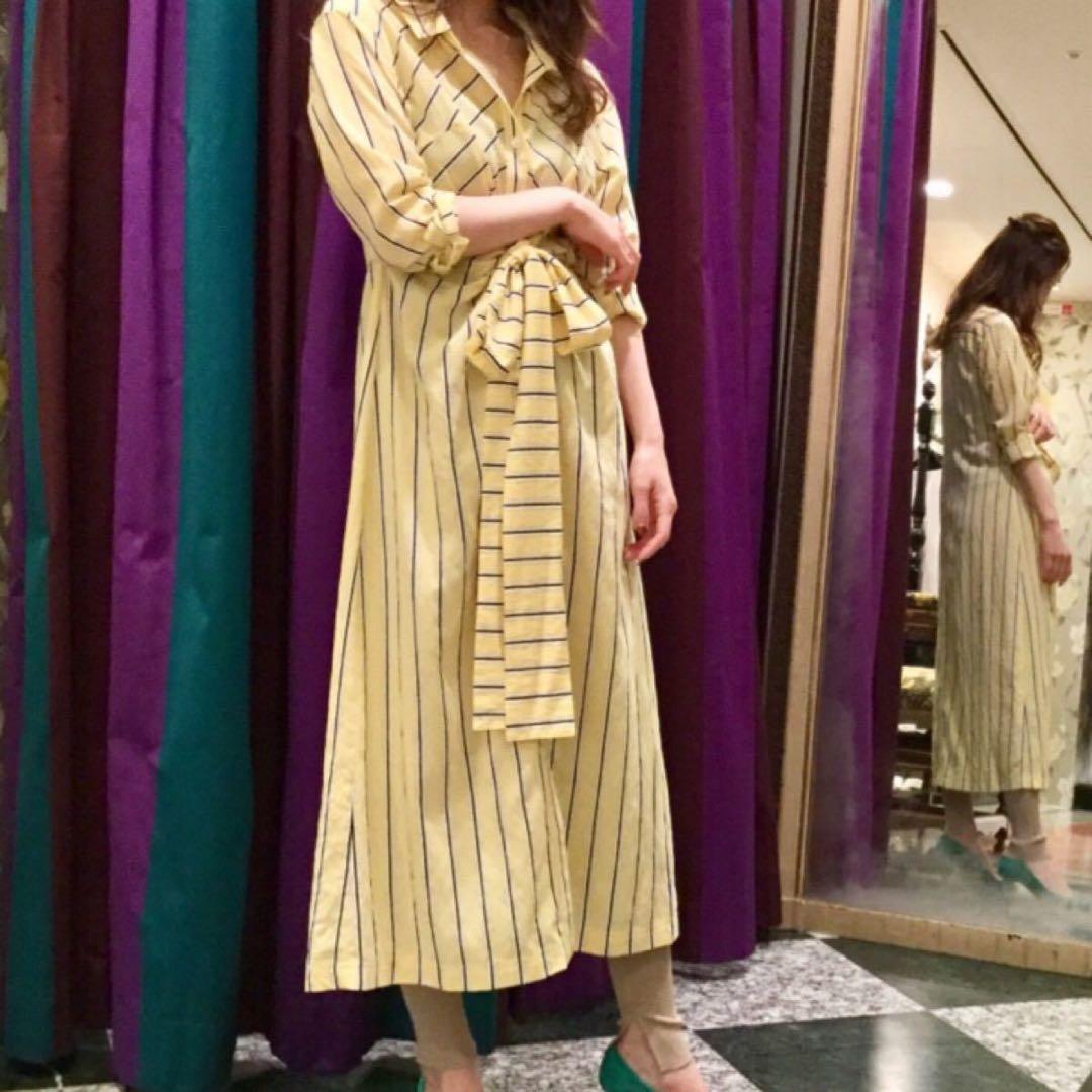 ダイアグラム ストライプ シャツクロス ワンピース イエロー リボン38 M