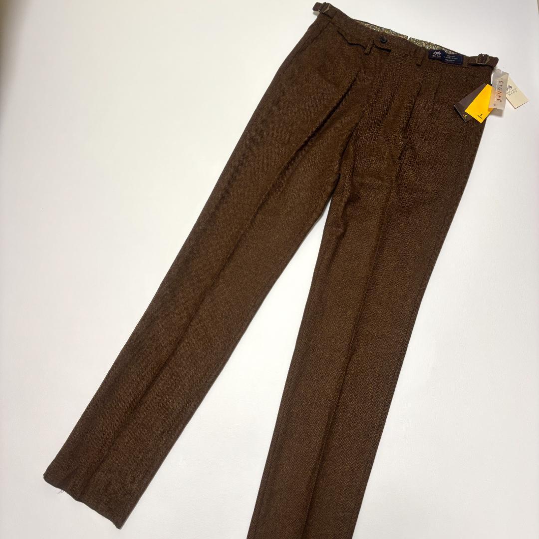 新品 MOON スラックス サイドアジャスター ヘリンボーン LL ツイード 茶