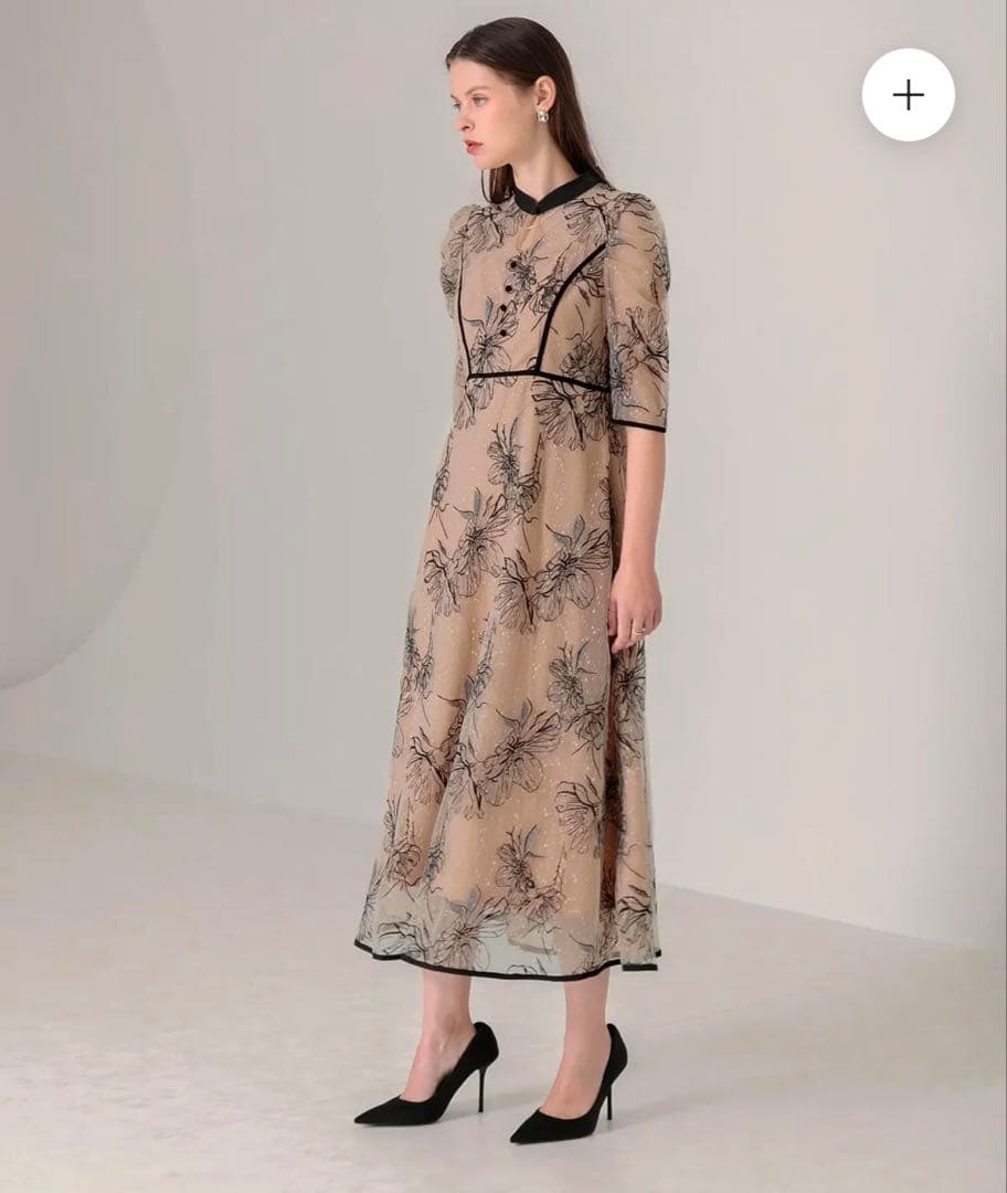 （R）Leja パイピングハイネック花柄ラメレースワンピースドレス S