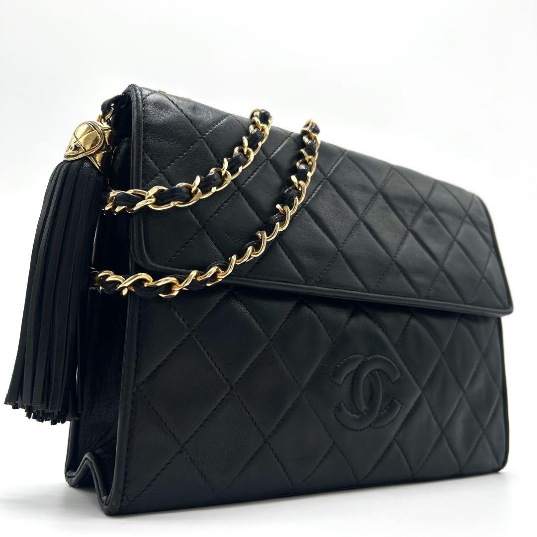美品 シャネル チェーンショルダーバッグ フリンジ マトラッセ ココマーク 黒色