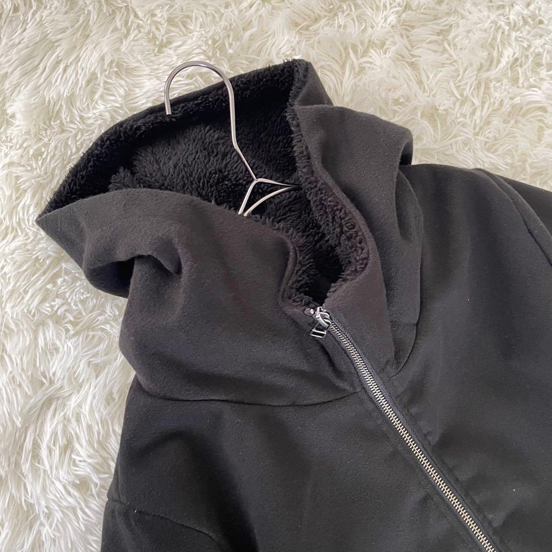 コハク 異素材切替キルティングコート 2XLフード 黒 ストライプキルト 裏ボア