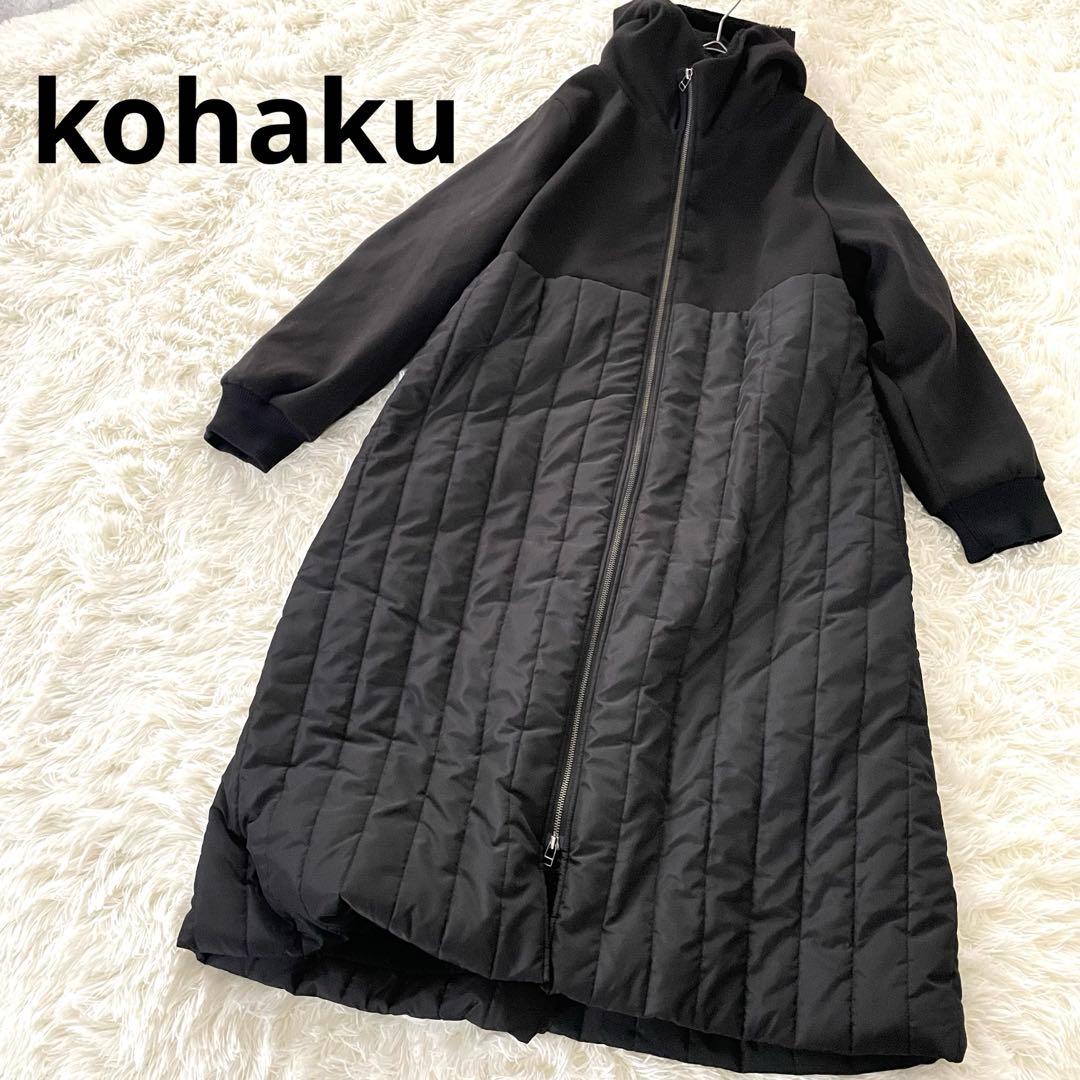 コハク 異素材切替キルティングコート 2XLフード 黒 ストライプキルト 裏ボア