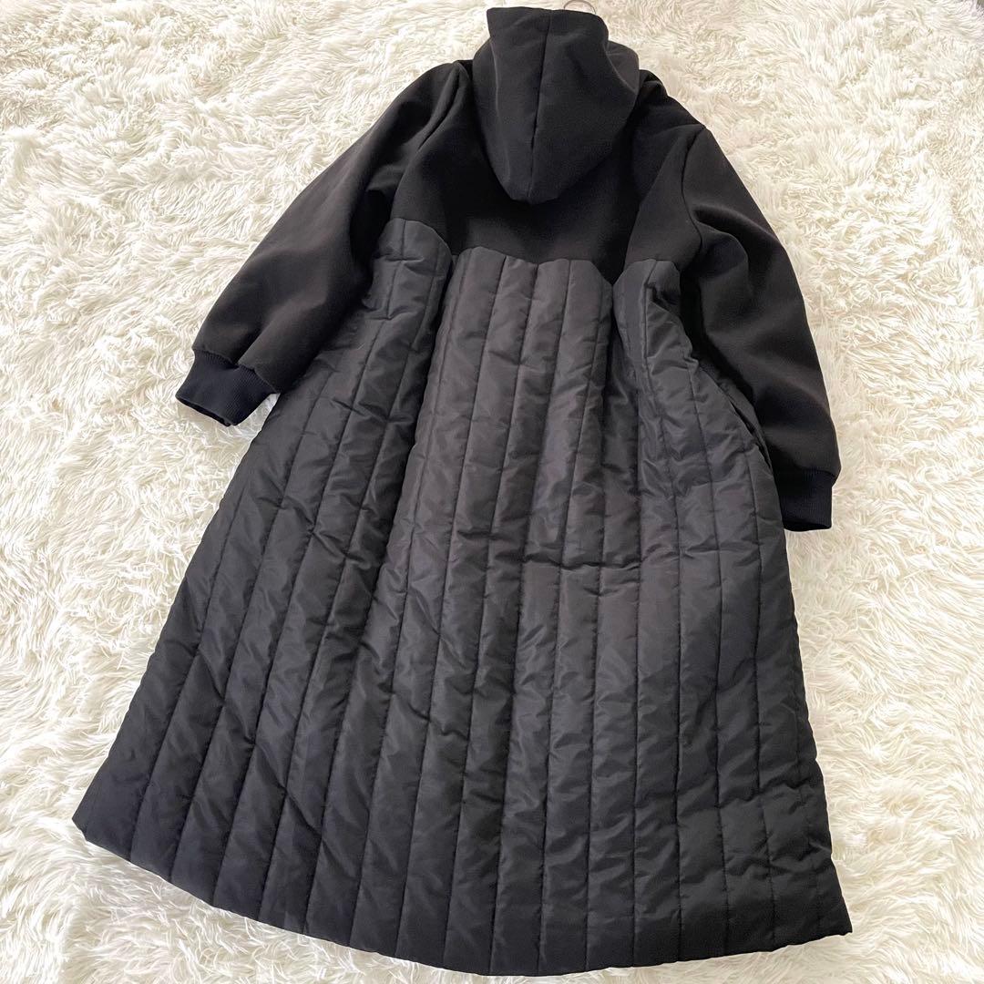 コハク 異素材切替キルティングコート 2XLフード 黒 ストライプキルト 裏ボア