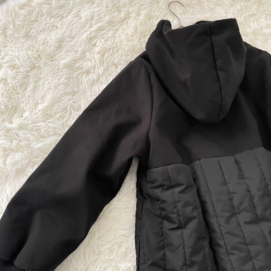 コハク 異素材切替キルティングコート 2XLフード 黒 ストライプキルト 裏ボア