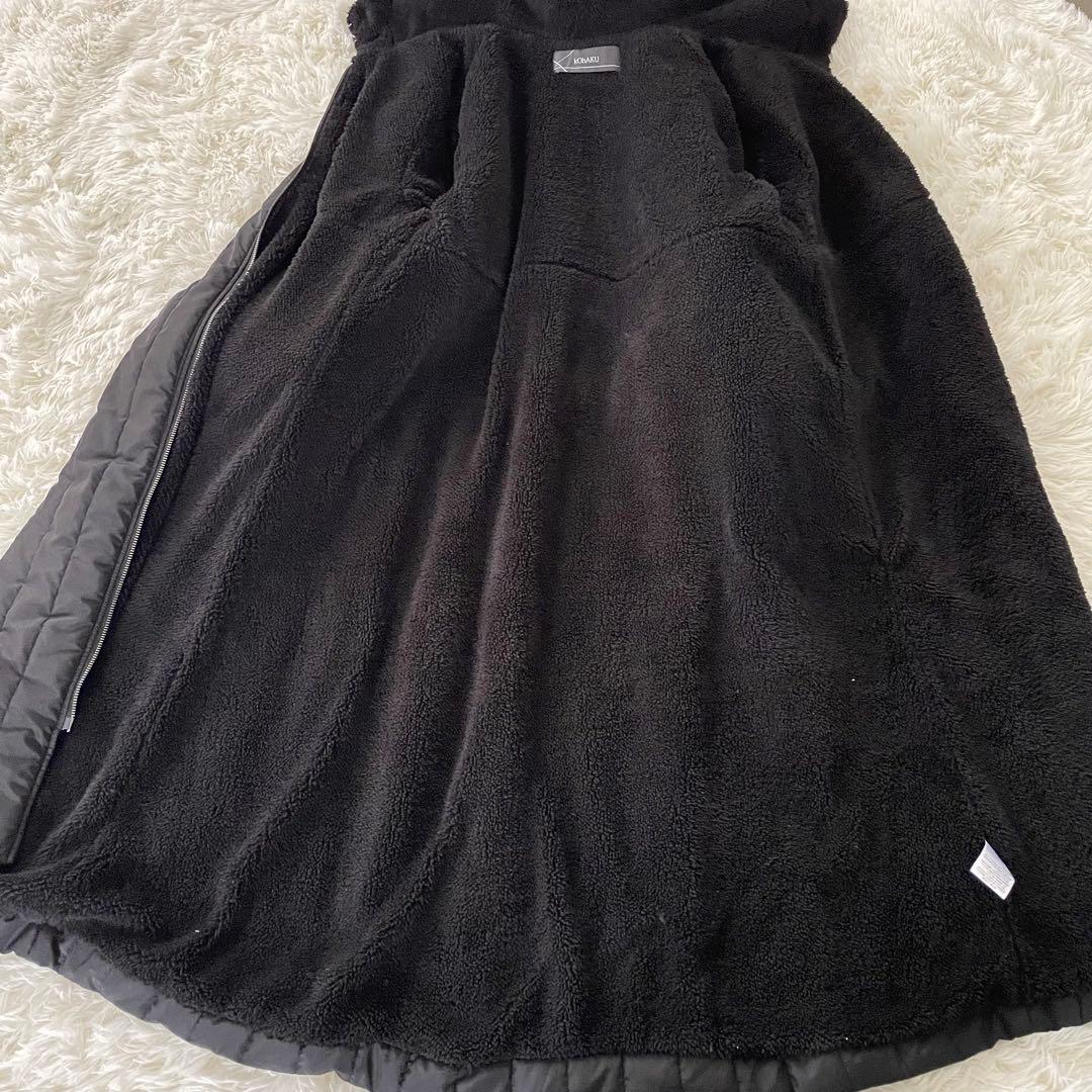 コハク 異素材切替キルティングコート 2XLフード 黒 ストライプキルト 裏ボア